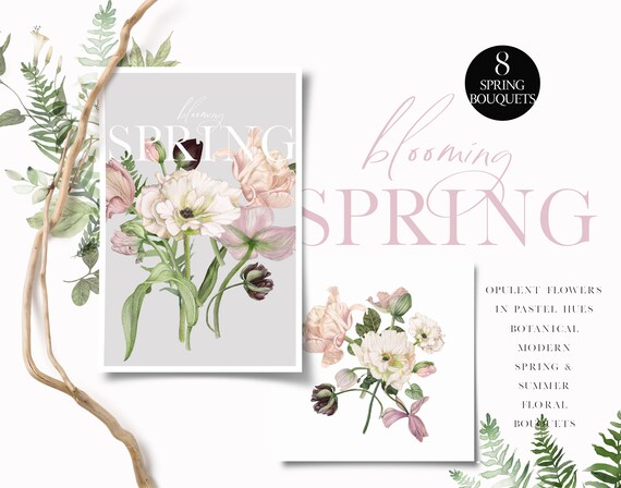 Blooming Spring Floral Bouquets Clipart Botanical Spring - Etsy