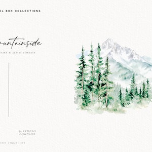 May include: Watercolor illustration of a mountain range with snow-capped peaks and a forest of green pine trees. The image is titled "Mountainside" with the text "Mountains & Alpine Forests" below. The text "by STUDIO EQUINOX" and "watercolor clipart set" are at the bottom of the image.