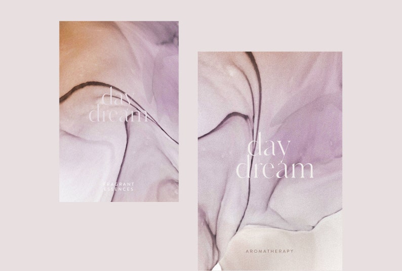 May include: Two abstract art prints with a purple and brown watercolor background. The text "day dream" is written in white on each print. The left print has the text "Fragrant Essences" below the main text. The right print has the text "Aromatherapy" below the main text.