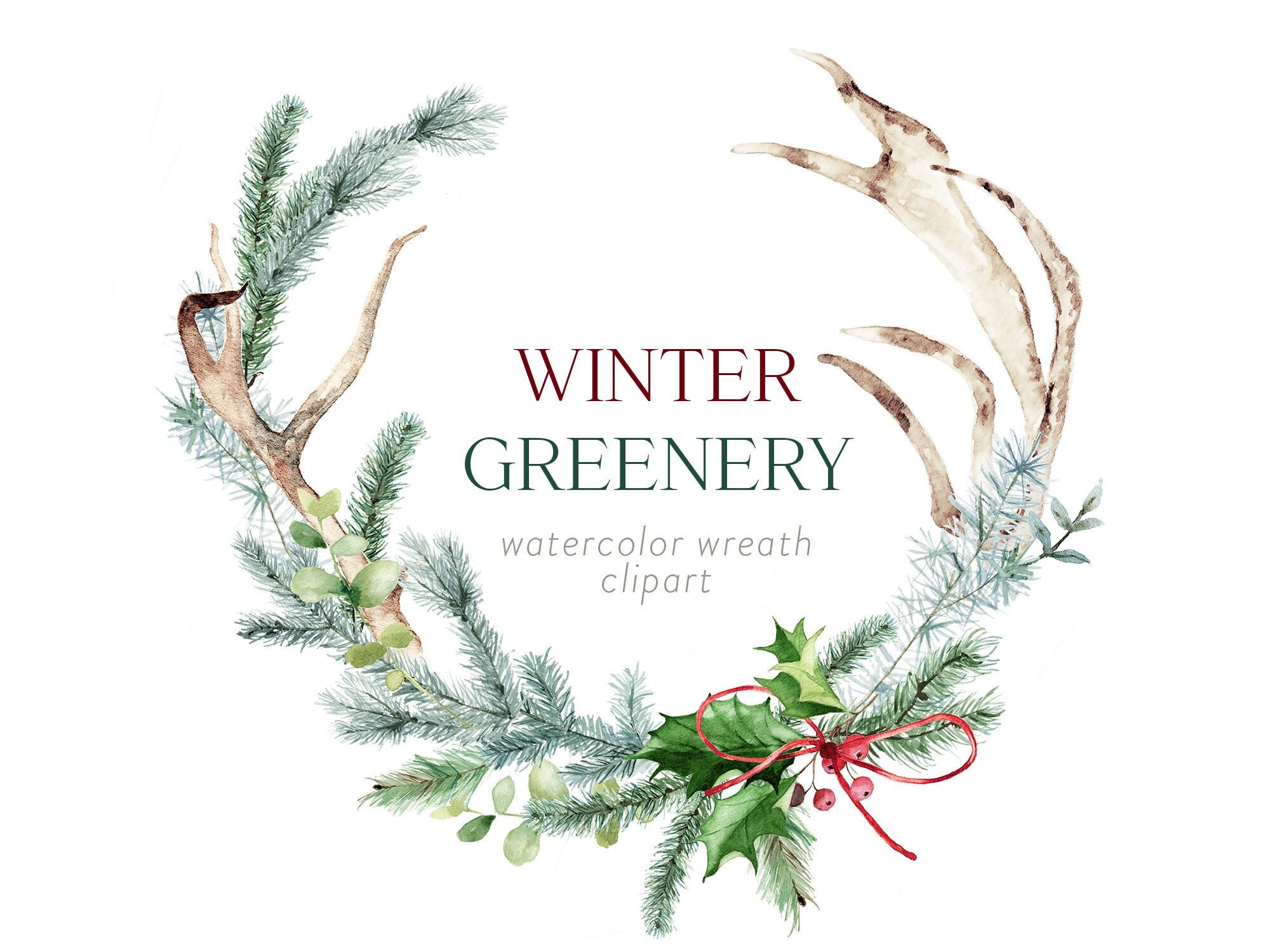 Christmas Wreath Winter Greenery Single Watercolour Wreath Clipart Winter Wreath Pine Cone Wreath Watercolour Antlers