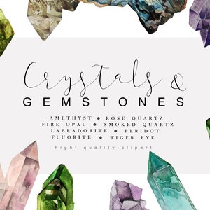 Watercolor Crystals Clipart, Gemstones Clipart, Boho Clipart, Mineral Digital Clipart, Amethyst Clipart, Fire Opal Clipart, Tiger Eye