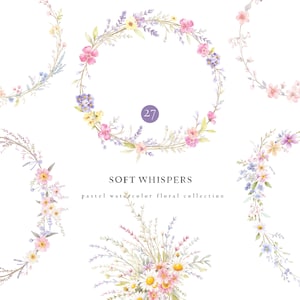 Clipart floral aquarelle, couronnes de fleurs sauvages, bouquets, clipart de fleurs sauvages, fleurs pastel printanières, clipart mariage, fleurs des prés