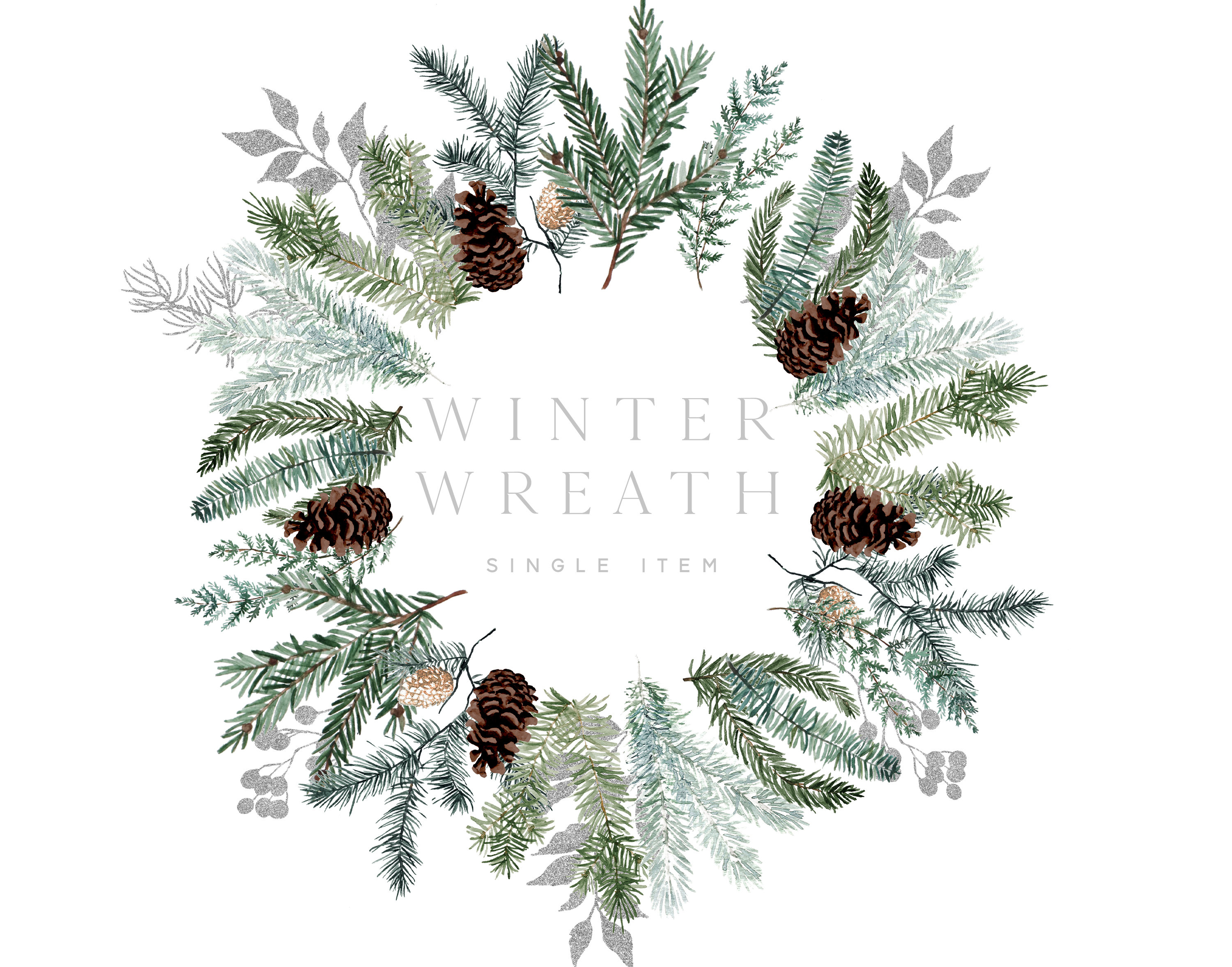 Watercolor Winter Wreath Clipart, Watercolor Christmas Wreath, Botanical Wreath, Single Item, Poinsettia, Pine