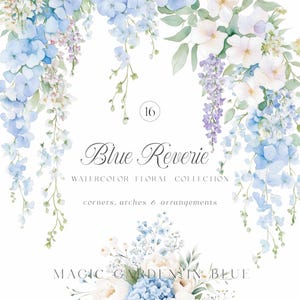 Clipart d'arrangements floraux bleu poussiéreux aquarelle, coins floraux, arches florales, hortensia bleu poussiéreux, roses blanches, clipart floral de mariage