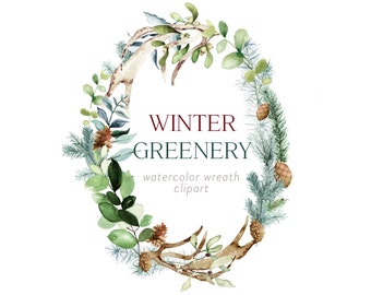 Watercolor Winter Wreath Clipart, Pine Cone Antlers (PNG)