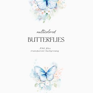 May include: Two watercolor illustrations of blue butterflies with white flowers. The butterflies are surrounded by a light blue watercolor wash. The text "multicolored BUTTERFLIES .PNG files transparent background" is below the butterflies.