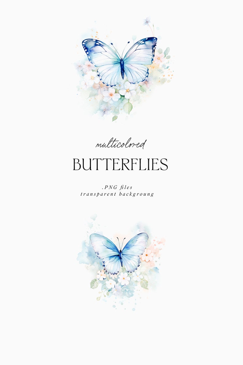May include: Two watercolor illustrations of blue butterflies with white flowers. The butterflies are surrounded by a light blue watercolor wash. The text "multicolored BUTTERFLIES .PNG files transparent background" is below the butterflies.