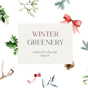 Winter Greenery Clipart, Watercolor Winter Clipart, Watercolor Greenery, Pine Branch, Pine Cone, Mistletoe, Poinsettia, Christmas Clipart