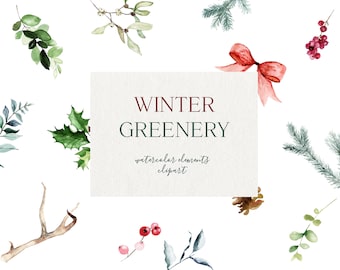 Winter Greenery Watercolor Clipart, Christmas Elements (PNG)
