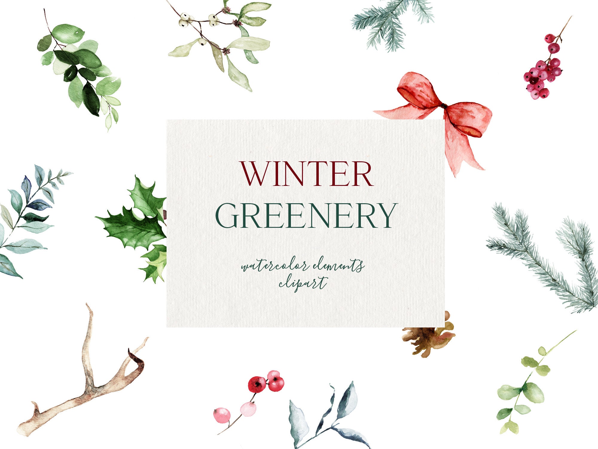 Winter Greenery Clipart, Watercolor Winter Clipart, Watercolor Greenery,  Pine Branch, Pine Cone, Mistletoe, Poinsettia, Christmas Clipart 