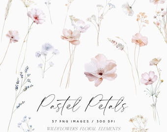 Könnte beinhalten: Ein Set mit 37 Aquarell-Clipart-Bildern von pastellfarbenen Wildblumen und Blättern. Die Bilder sind perfekt für die Erstellung digitaler Designs, Einladungen und anderer Projekte.