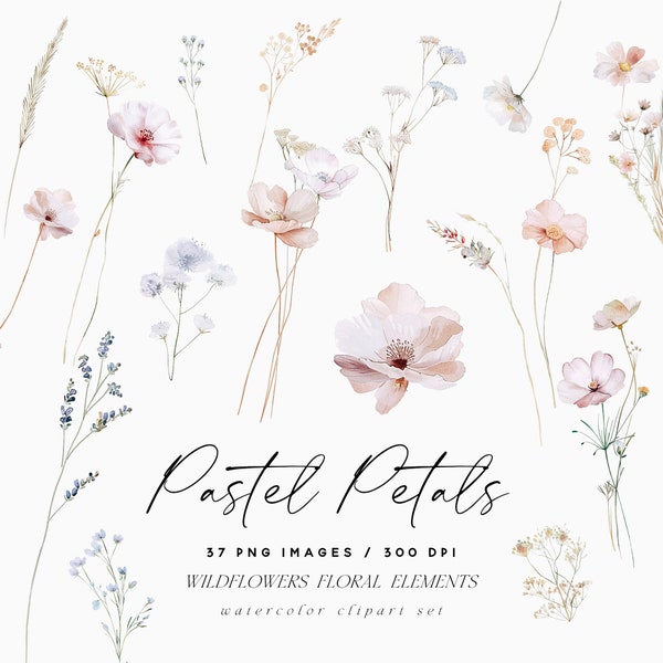 Clipart floral aquarelle, éléments de fleurs sauvages, couronne de fleurs, fleurs des prés, fleurs sauvages d'été, clipart mariage, éléments floraux bricolage