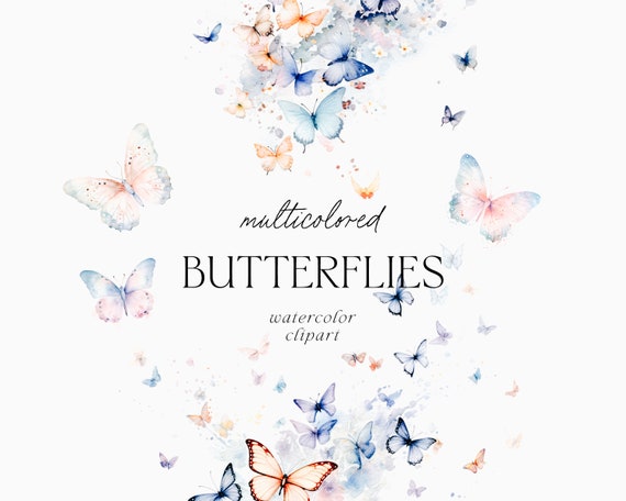 Watercolor Butterfly Clipart, Pastel Blue Blush Swarm (PNG Files)