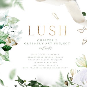 LUSH capitolo 2, Set verde acquerello, Ghirlanda verde, Mazzi di verde, Cornice geometrica, Alfabeto verde, Cornice dorata, Eucalipto