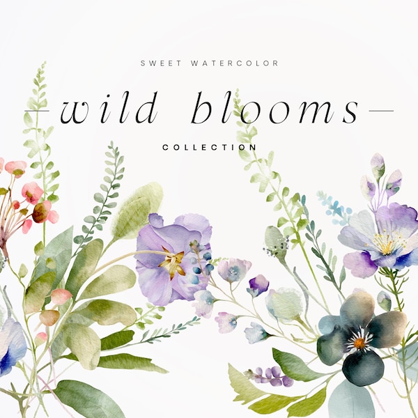 Watercolor Wildflower Clipart – Floral Bouquets, Greenery (300 DPI)