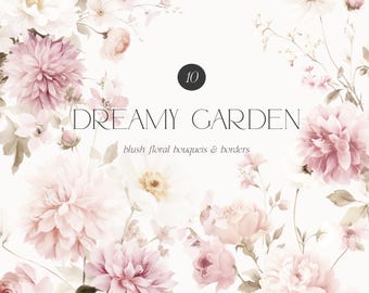 May include: A watercolor design featuring a collection of blush-colored floral bouquets and borders. The image includes text that reads "watercolor collection" and "Dreamy Garden". The design includes various flowers, including dahlias and roses.