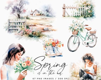 Watercolor Spring Clipart Collection, Spring Sceneries, Spring Floral Bouquets, Girl Clipart, Floral Boots, Stickers, Scrapbooking Clipart