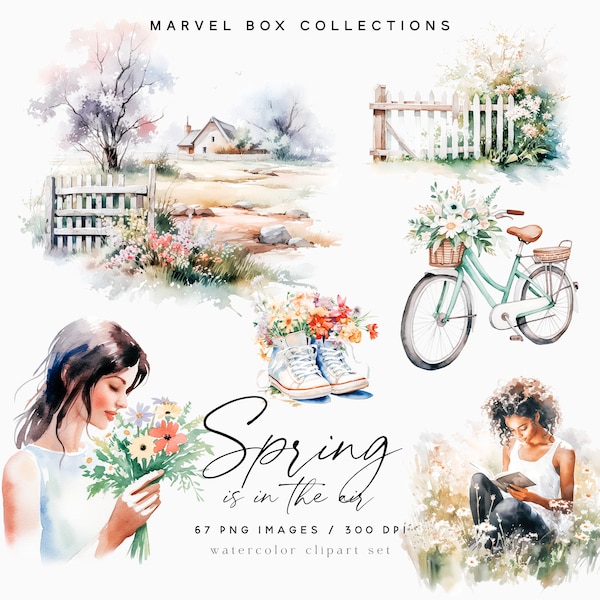 Collection de cliparts printemps aquarelle, paysages de printemps, bouquets de fleurs printaniers, clipart fille, bottes florales, autocollants, clipart scrapbooking