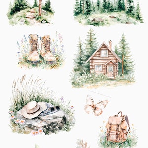 K&ouml;nnte beinhalten: Aquarell-Clipart-Set mit Motiven f&uuml;r Outdoor-Abenteuer, darunter eine Holzh&uuml;tte im Wald, Wanderschuhe, ein Hut, eine Sonnenbrille, ein Rucksack, Socken und Bl&auml;tter.