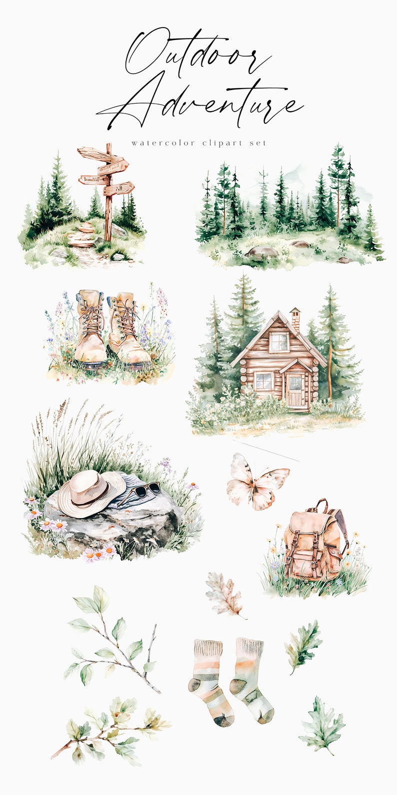 K&ouml;nnte beinhalten: Aquarell-Clipart-Set mit Motiven f&uuml;r Outdoor-Abenteuer, darunter eine Holzh&uuml;tte im Wald, Wanderschuhe, ein Hut, eine Sonnenbrille, ein Rucksack, Socken und Bl&auml;tter.