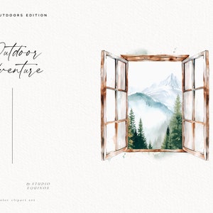 K&ouml;nnte beinhalten: Aquarell-Illustration eines offenen Fensters mit Blick auf eine Bergkette und einen Wald. Das Fenster ist in einem rustikalen Braunton mit einem wei&szlig;en Rahmen gemalt. Die Berge sind in Blaut&ouml;nen und Gr&uuml;nt&ouml;nen gemalt, mit leichtem Nebel in der Luft. Der Wald ist in Gr&uuml;nt&ouml;nen gemalt.