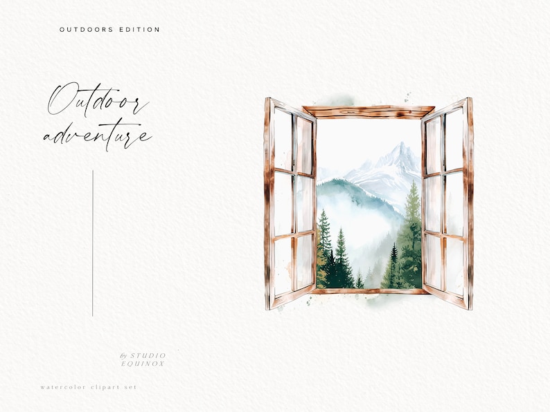 K&ouml;nnte beinhalten: Aquarell-Illustration eines offenen Fensters mit Blick auf eine Bergkette und einen Wald. Das Fenster ist in einem rustikalen Braunton mit einem wei&szlig;en Rahmen gemalt. Die Berge sind in Blaut&ouml;nen und Gr&uuml;nt&ouml;nen gemalt, mit leichtem Nebel in der Luft. Der Wald ist in Gr&uuml;nt&ouml;nen gemalt.