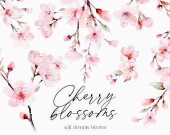 Watercolor Cherry Blossom Clipart, Spring Floral Bouquets (PNG)