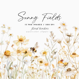 Clipart aquarelle de bordures florales, bordures de fleurs sauvages, fleurs de printemps, fleurs sauvages d'été, fleurs sauvages des prairies, abeille, clipart mariage