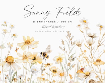 Clipart aquarelle de bordures florales, conception de mariage de fleurs sauvages (téléchargement numérique)