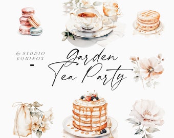 Watercolor Garden Tea Party Clipart, Floral Dessert PNG (Digital Download)