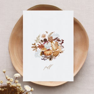 May include: A watercolor illustration of fall foliage, gourds, pumpkins, and pinecones. The word "fall" is written in cursive at the bottom of the image.
