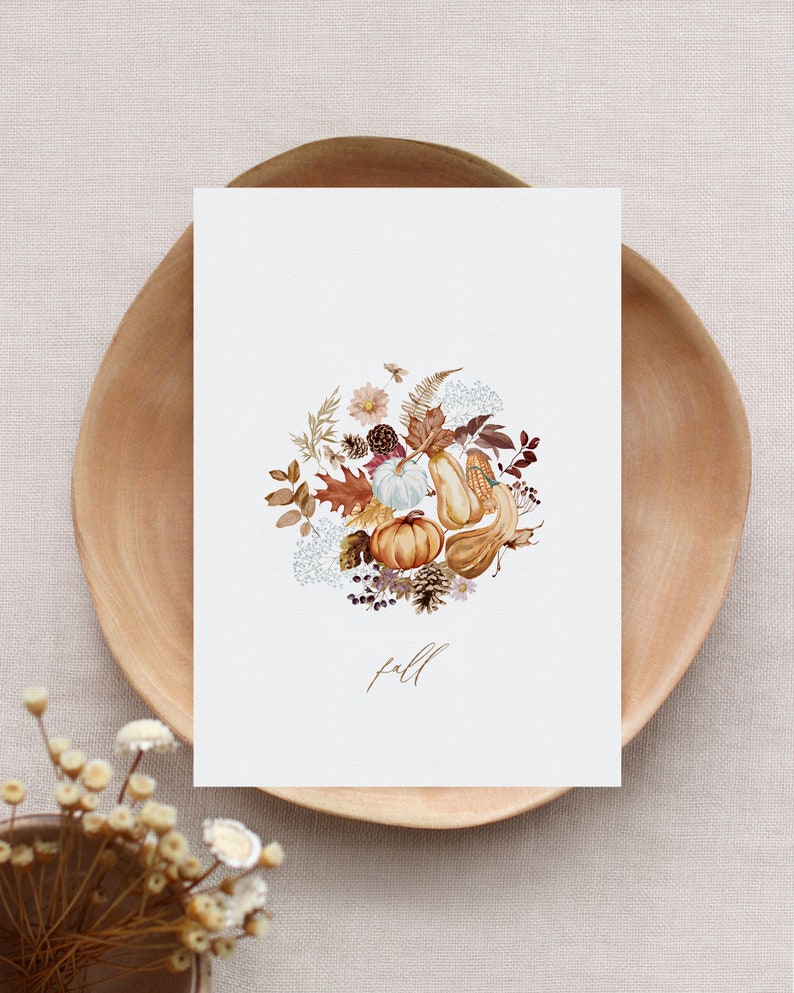 May include: A watercolor illustration of fall foliage, gourds, pumpkins, and pinecones. The word "fall" is written in cursive at the bottom of the image.