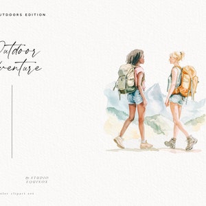 K&ouml;nnte beinhalten: Zwei Frauen mit Rucks&auml;cken wandern in den Bergen. Sie tragen Shorts und T-Shirts. Die Berge sind in Aquarell gemalt und der Hintergrund ist wei&szlig;.