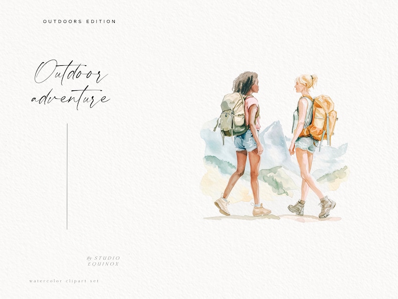 K&ouml;nnte beinhalten: Zwei Frauen mit Rucks&auml;cken wandern in den Bergen. Sie tragen Shorts und T-Shirts. Die Berge sind in Aquarell gemalt und der Hintergrund ist wei&szlig;.