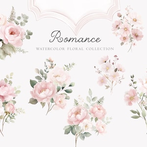 May include: Watercolor floral collection featuring bouquets of pink and white flowers with green foliage. The word "Romance" is written in cursive script above the text "Watercolor Floral Collection".