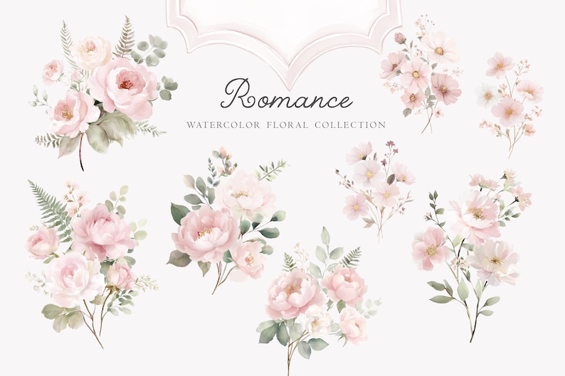 May include: Watercolor floral collection featuring bouquets of pink and white flowers with green foliage. The word "Romance" is written in cursive script above the text "Watercolor Floral Collection".