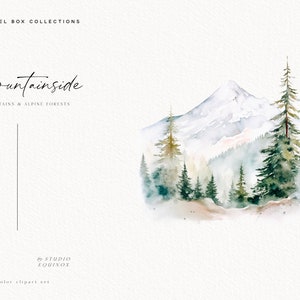 May include: Watercolor illustration of a snowy mountain peak with a forest of pine trees in the foreground. The image is titled "Mountainside" with the text "Mountains & Alpine Forests" below. The text "by STUDIO EQUINOX" and "watercolor clipart set" are at the bottom of the image.