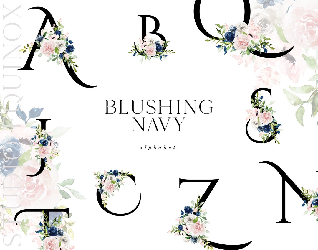 Blush and Navy Floral Alphabet and Ampersand, Navy and Blush Watercolor ...