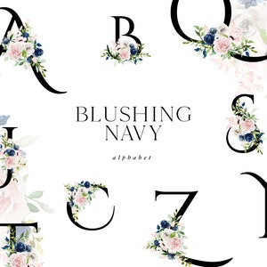 Alfabeto y ampersand floral de rubor y azul marino, floral de acuarela azul marino y rubor, ampersand de azul marino y rubor, diseño de boda de rubor marino