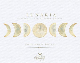 Watercolor Moon Phases Clipart, Moon Art (PNG)