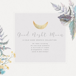 Aquarell Nacht Set, Nacht Blumen Clipart, Nacht Blumen Kranz Clipart, Kartendesign, Blumen Schild, Mond Clipart, Eule Clipart, Schmetterling