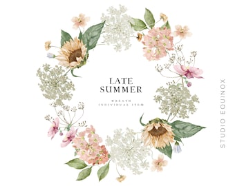 May include: A watercolor wreath featuring sunflowers, pink and white flowers, and green leaves. The wreath is arranged in a circle and has the text "Late Summer Wreath Individual Item" in the center.