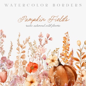 Clipart de outono em aquarela - Clipart de abóbora - Flores de outono - Folhas de outono - Clipart de outono - Coleção - Outono - Flores silvestres - Abóbora