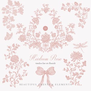Puede incluir: Una colección de ilustraciones florales y botánicas de estilo vintage en color rosa suave. La imagen incluye una mariposa, una libélula, un lazo y varios arreglos florales. El texto dice "Heirloom Rose" y "Beautiful Crests & Elements."