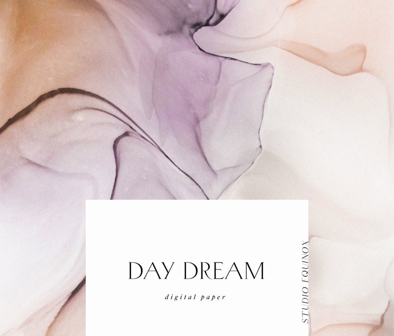 May include: Abstract digital paper with swirling shades of pink, purple, and brown. The text "DAY DREAM" and "digital paper" is displayed on a white rectangle in the center of the image. The text "STUDIO EQUINOX" is displayed vertically on the right side of the image.