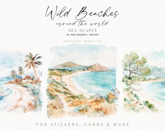 May include: Watercolor illustrations of tropical beaches with palm trees, turquoise water, and sandy shores. The illustrations are perfect for creating cards, invitations, and other paper crafts.