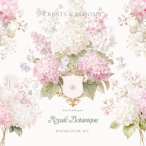 Puede incluir: Ilustración en acuarela con un ramo de hortensias rosas y blancas, lilas y otras flores. La imagen incluye el texto "Crests & Blooms", "Royale Botanique" y "Watercolor Set". Un escudo dorado con el número 19 está en el centro.