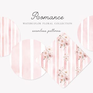 May include: Watercolor floral collection titled "Romance" featuring seamless patterns. The image displays pink and white striped patterns in circular and diamond shapes, along with floral designs. The text "Romance" is at the top.