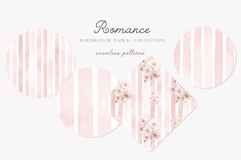 May include: Watercolor floral collection titled "Romance" featuring seamless patterns. The image displays pink and white striped patterns in circular and diamond shapes, along with floral designs. The text "Romance" is at the top.