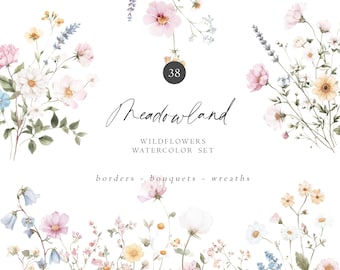May include: Watercolor set featuring floral arrangements with pink, yellow, and blue wildflowers. The text "Meadowland" is written in cursive, with the words "Wildflowers Watercolor Set" below. The image includes borders, bouquets, and wreaths.